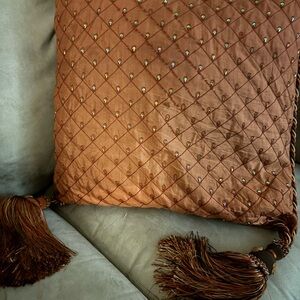 Embellished Brown Throw Pillow with Tassels